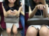 (電車対面）(顔出し)短い巻きつけスカートをお召になったロングヘアOLさん…スリットからチラチラ見えるパンストあんよの間を観察し