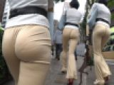 【高画質】極薄生地のフレアパンツで卑猥な生尻を晒すアンニュイな淫乱美女!!