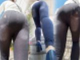 【尻ＨＤ】デニム風レギンスだから油断してるのかパンティ透けちゃってるアマゾネス系お姉さんｗ
