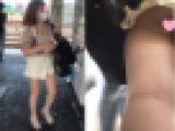 アイドルフェイス美女の短パン隙間からパンティー逆さ撮り
