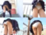 風でスカートがめくれた瞬間、制服パンチラを撮られちゃう黒髪JK娘